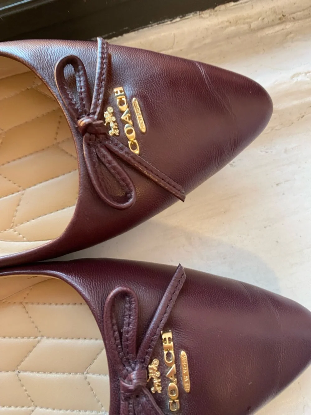 Coach Women's Burgundy Leather Pointed-toe Ballet Flats with Bow Accent - Picture 11 of 11